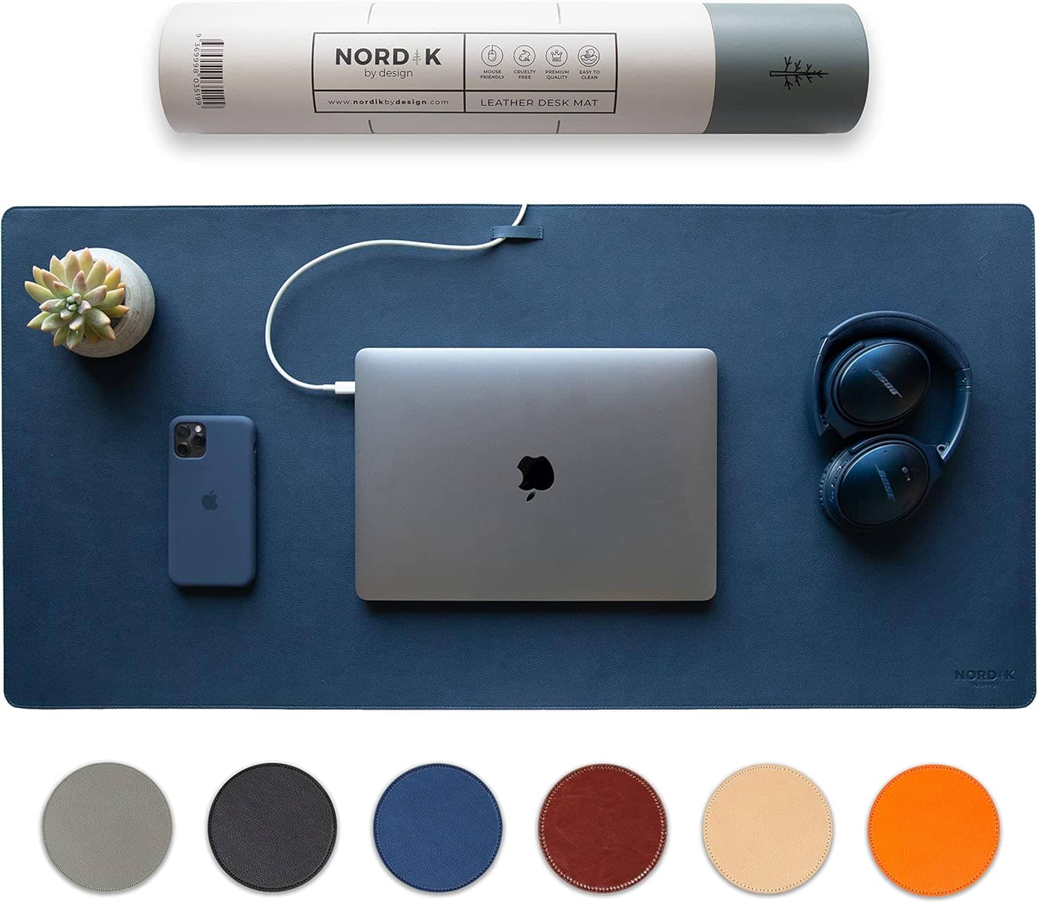 Nordik Leather Desk Mat Cable Organizer - Midnight Blue 35 x 17 inch